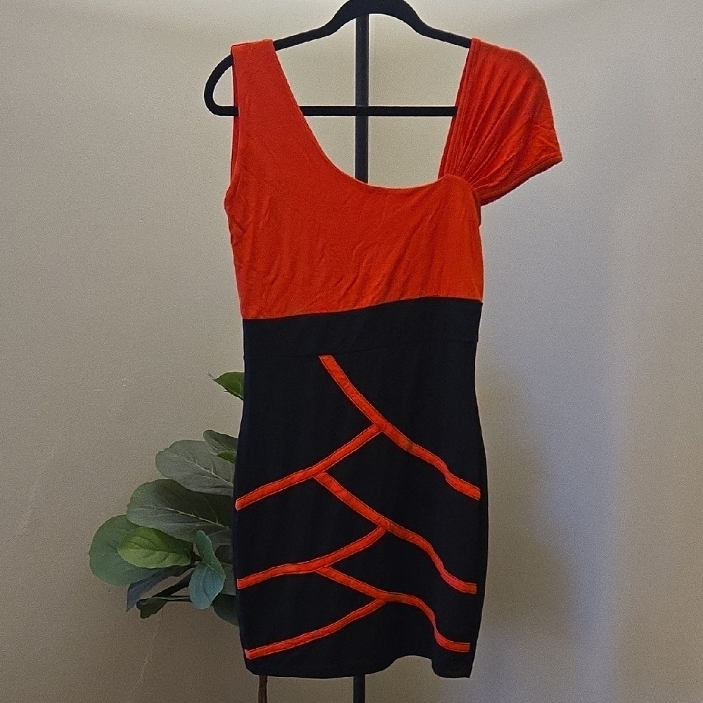 Elegant Red Orange and Black Women's Cocktail Party Mini Asymmetrical Sexy Dress